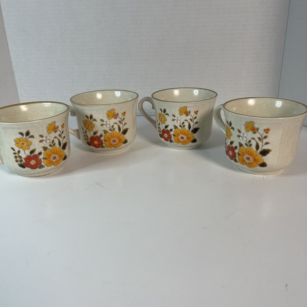 Vintage Wildflower Ironstone Set‎ of 4 Floral Mugs Boho Cottage Tea Coffee Cups